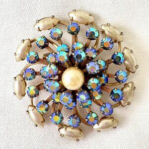 Vintage Aurora Borealis Rhinestones & Faux Pearls Pinwheel Layered Floral Brooch